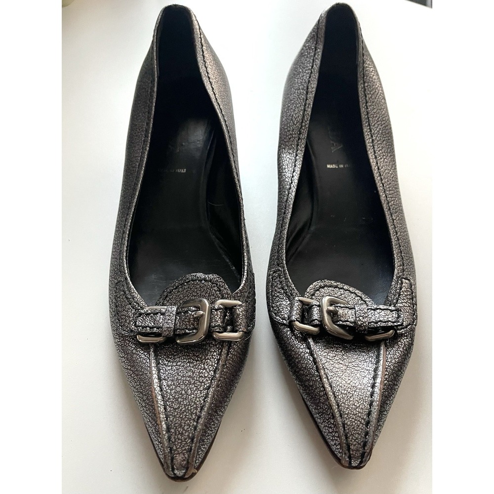 Vintage Y2k Prada Pointed Toe Gray Kitten Heels Leather Buckle Detail 90s 38 - Picture 2 of 16